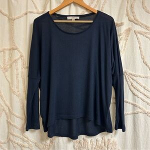 Loft Navy Blue Wide Neck Boxy Flowy High Low Drop Shoulder Long Sleeve Tee